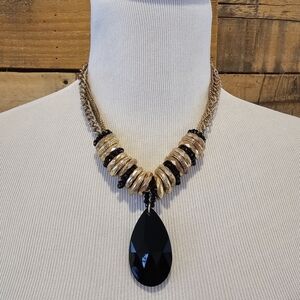 Statement Necklace w/Goldtone Multi-strand Chain, Rings & Black Teardrop Pendant